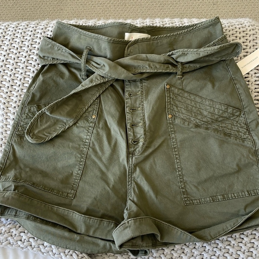 Anthropologie high waist tie shorts. Moss colored, size 12 never worn tags on
